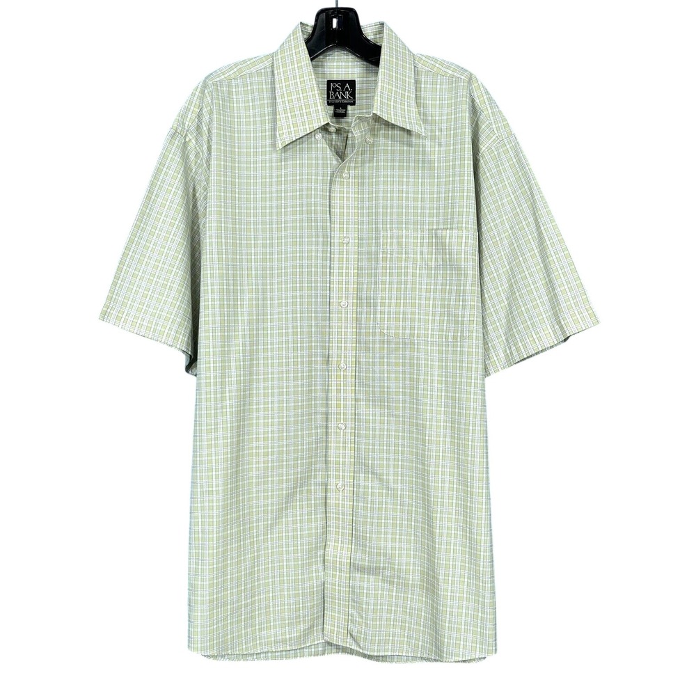 JOS A BANK Traveler's Collection SAGE GREEN/WHITE Plaid TWILL Button-Up Shirt L